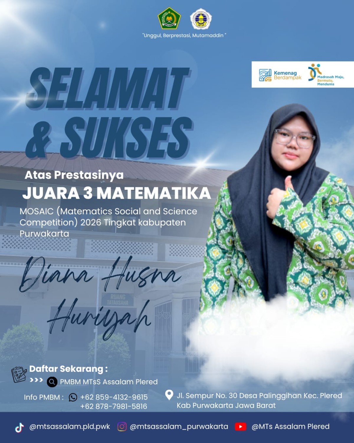 Diana Husna Huriyah Harumkan Nama MTs Assalam Plered, Raih Juara III Matematika MOSAIC 2026 Tingkat Kabupaten dan Lolos ke Final